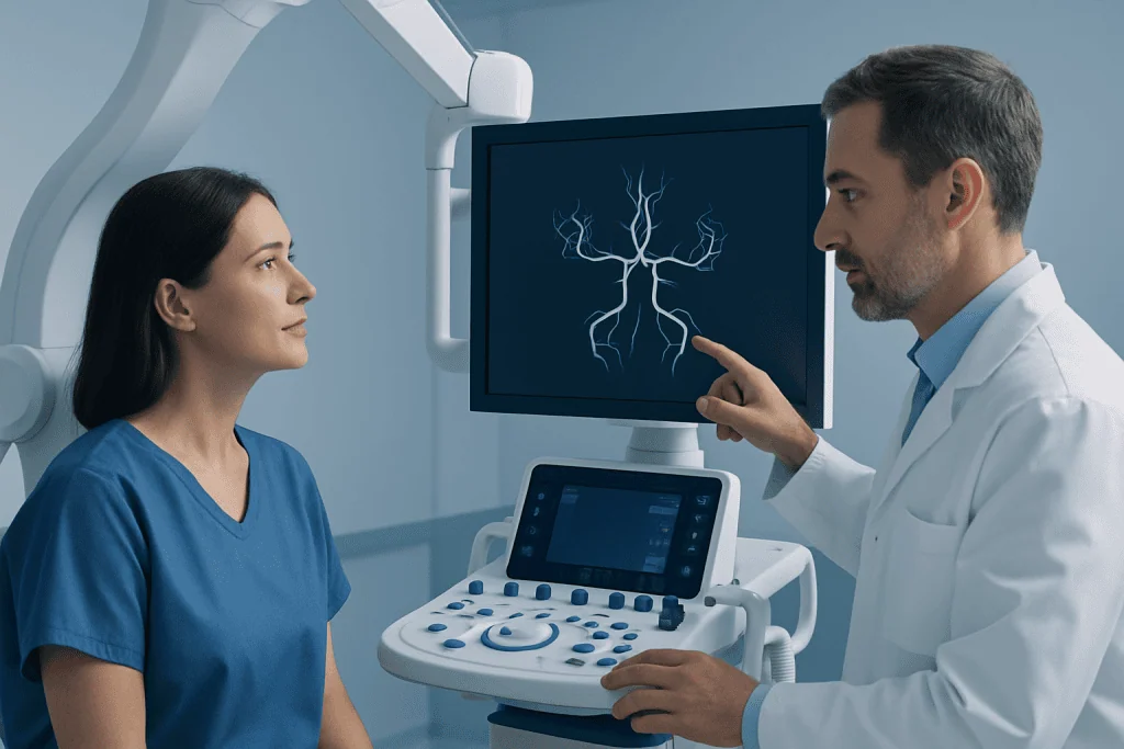 Doctor explaining brain blood vessels to patient during medical consultation.
