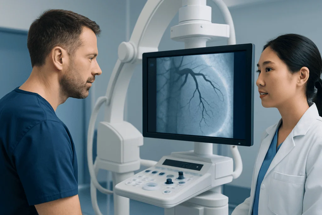 Medical professionals review coronary angiography images in a hospital setting.