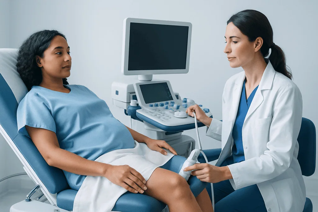 Doctor performing ultrasound on a young female patient in a hospital room.