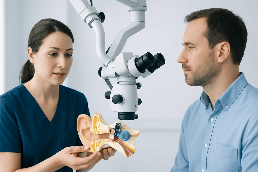 ENT specialist explains cochlea model to patient in clinic.