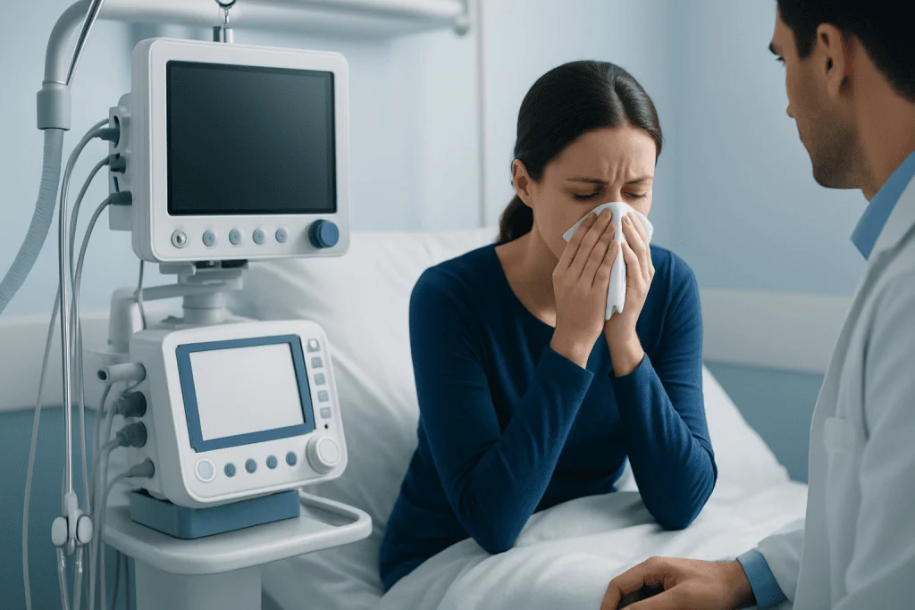 Woman with cold symptoms in hospital bed with doctor nearby.