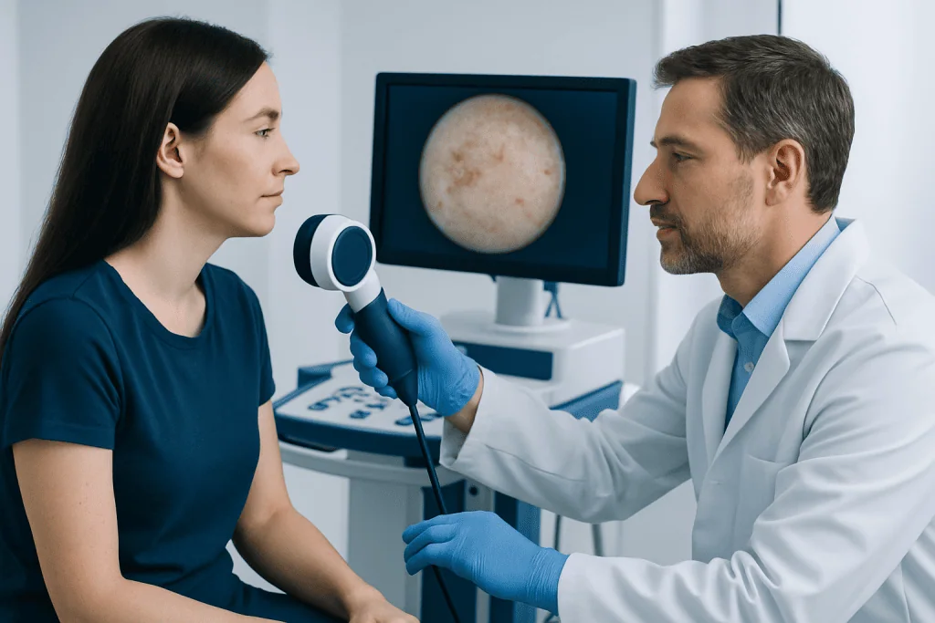 Dermatologist examining patient's skin with dermatoscope in clinic.