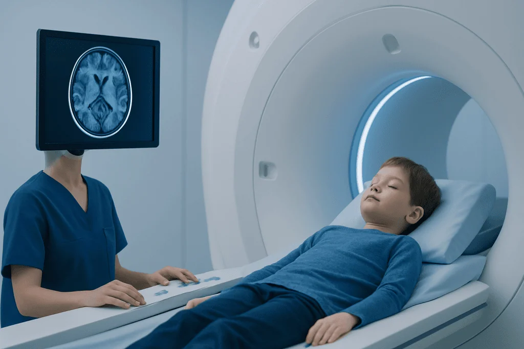 Child undergoing brain MRI scan at Acibadem Hospital.