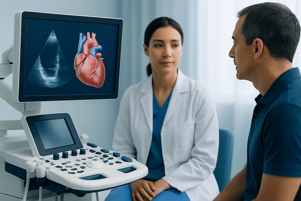 Doctor explains heart ultrasound results to patient in clinic.
