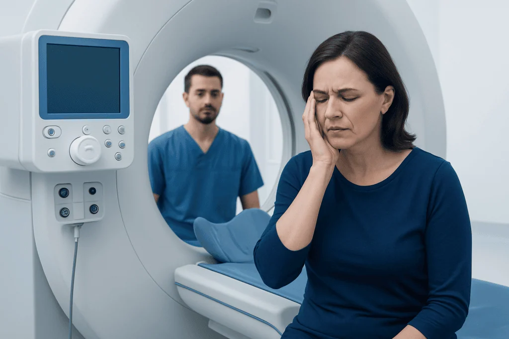 Woman experiencing pain during a medical scan at Acibadem Hospital.