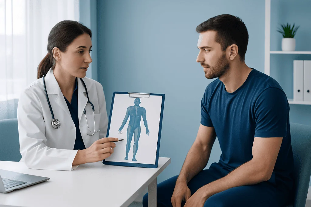 Doctor explaining muscle anatomy to patient during consultation.