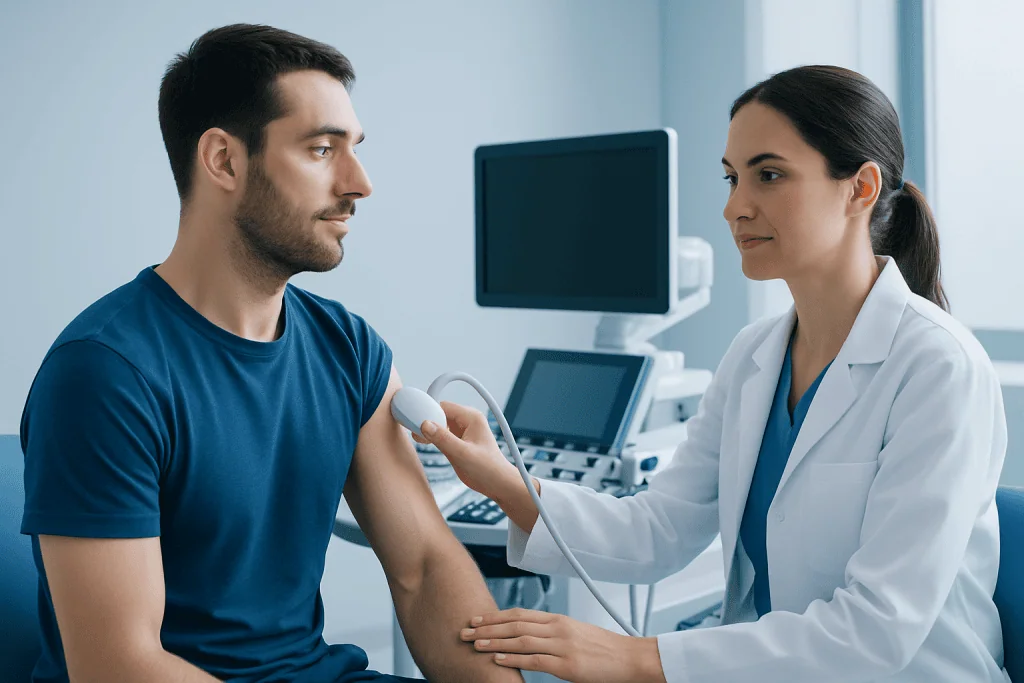 Doctor performing an ultrasound on a patient's shoulder for deltoid muscle assessment.