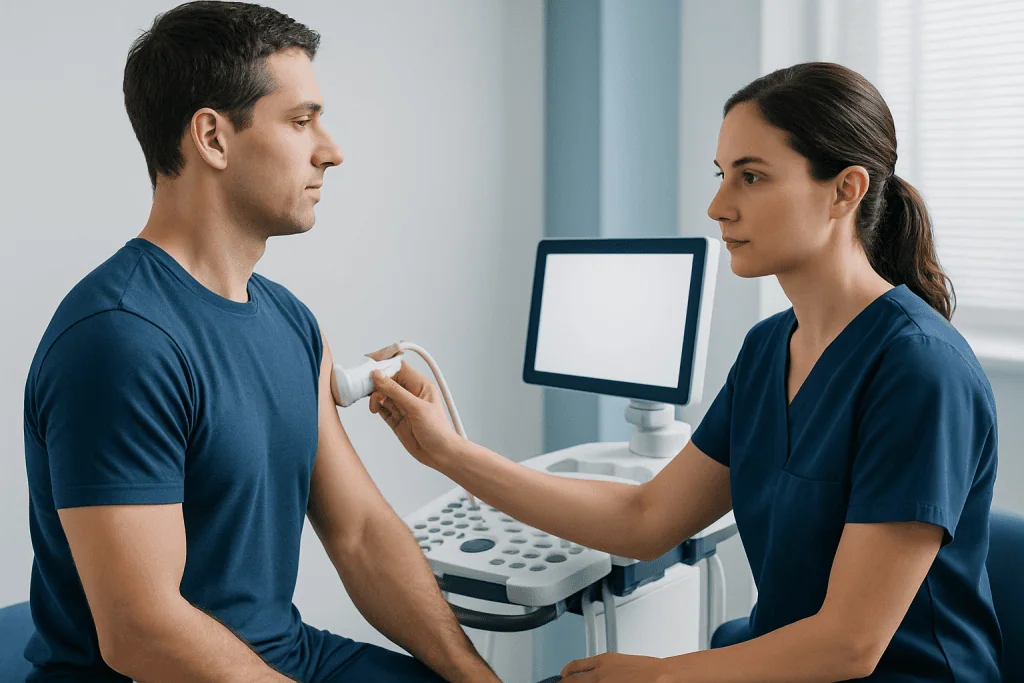 Doctor performing shoulder ultrasound examination on male patient.
