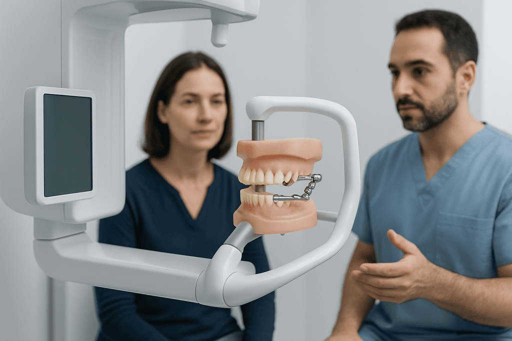 Dental professional explains Herbst appliance to patient in clinic setting.