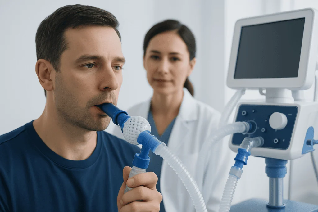 Patient using a ventilator with medical staff monitoring in the background.