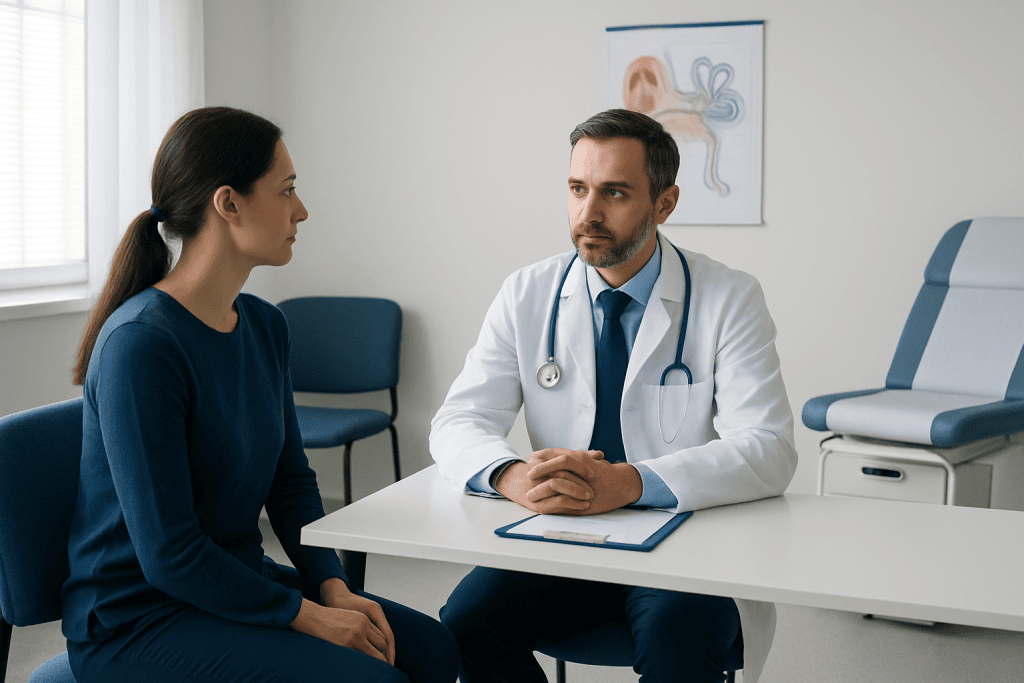 Doctor consulting with a patient about inner ear and balance disorders.