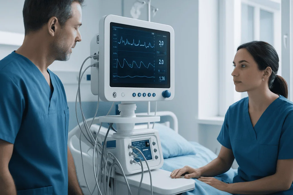 Medical professionals monitoring patient vital signs with a heart rate monitor.