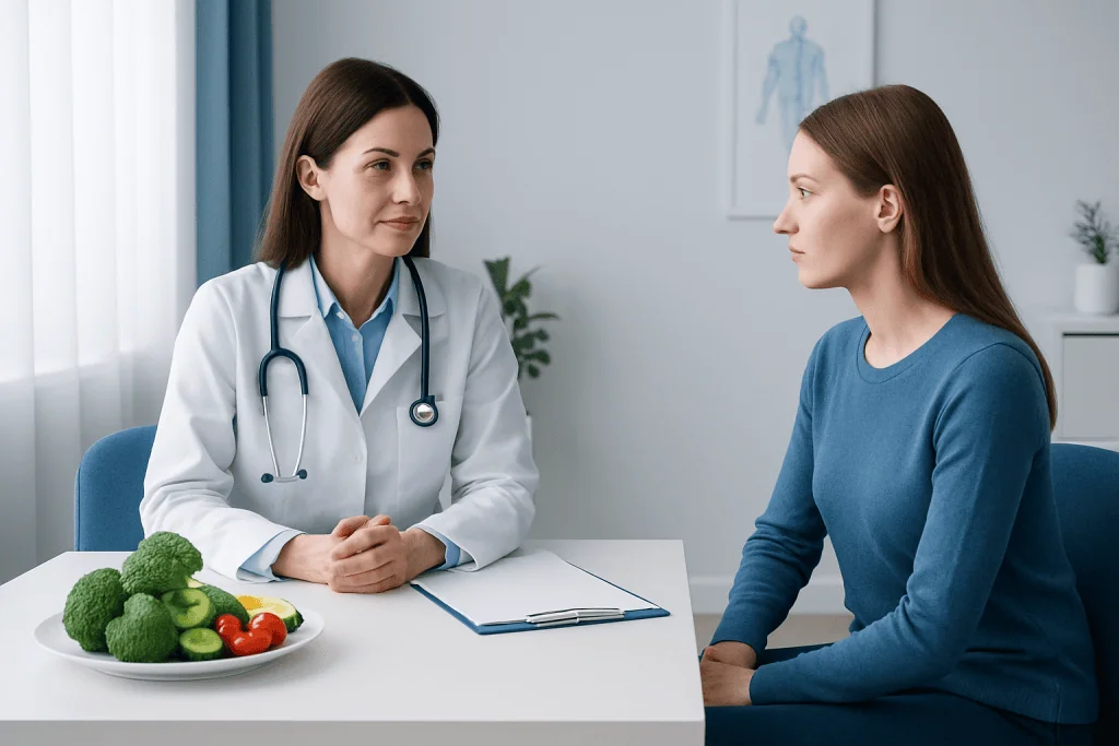 Doctor consulting with patient about diet and health in a clinic setting.