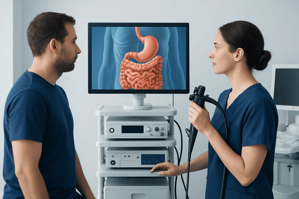 Gastroenterologist explains digestive system to patient during endoscopy.