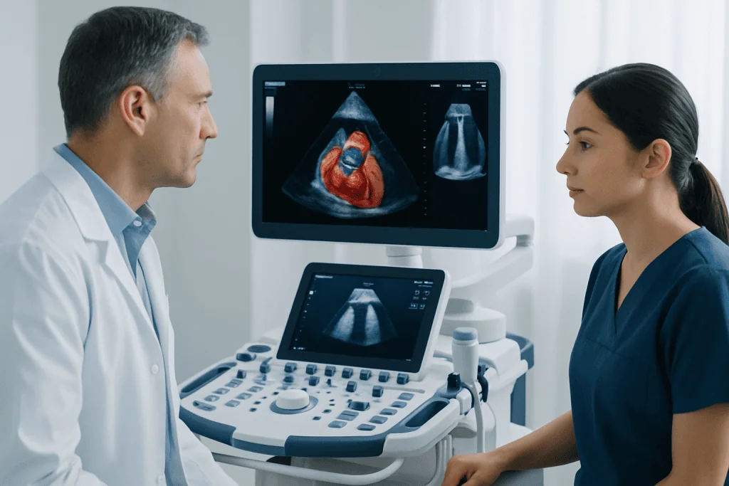 Doctor and nurse reviewing echocardiogram images in a medical setting.