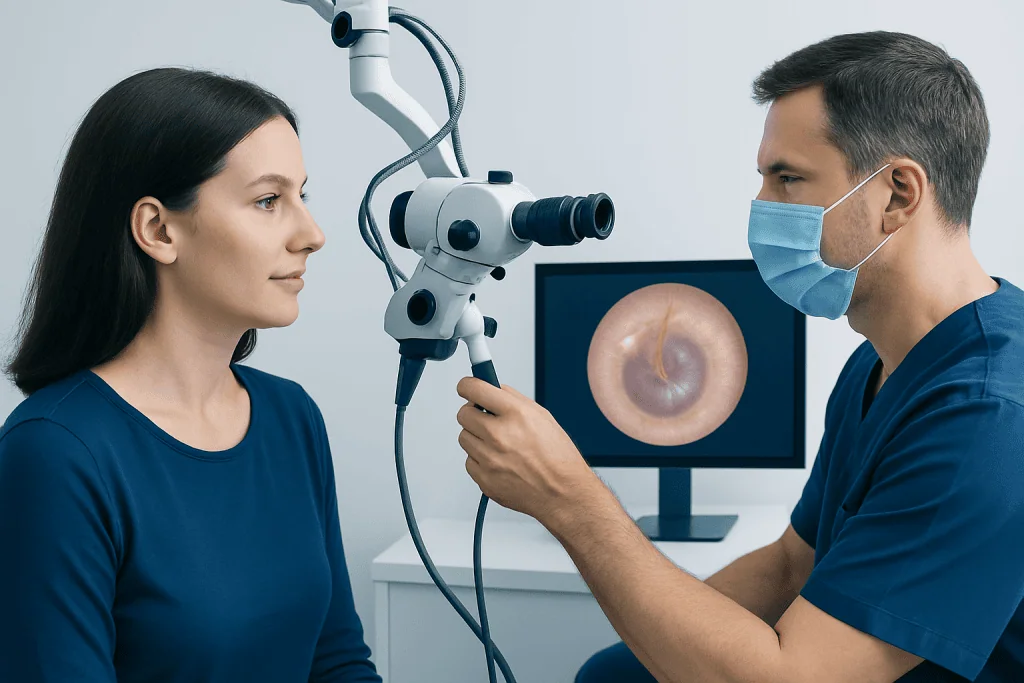 ENT specialist examining patient's ear with a microscope in a clinical setting.