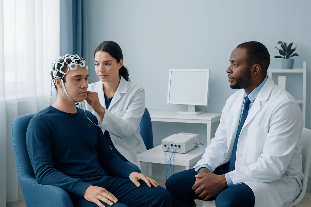 Patient undergoing EEG test with medical staff in a clinical setting.