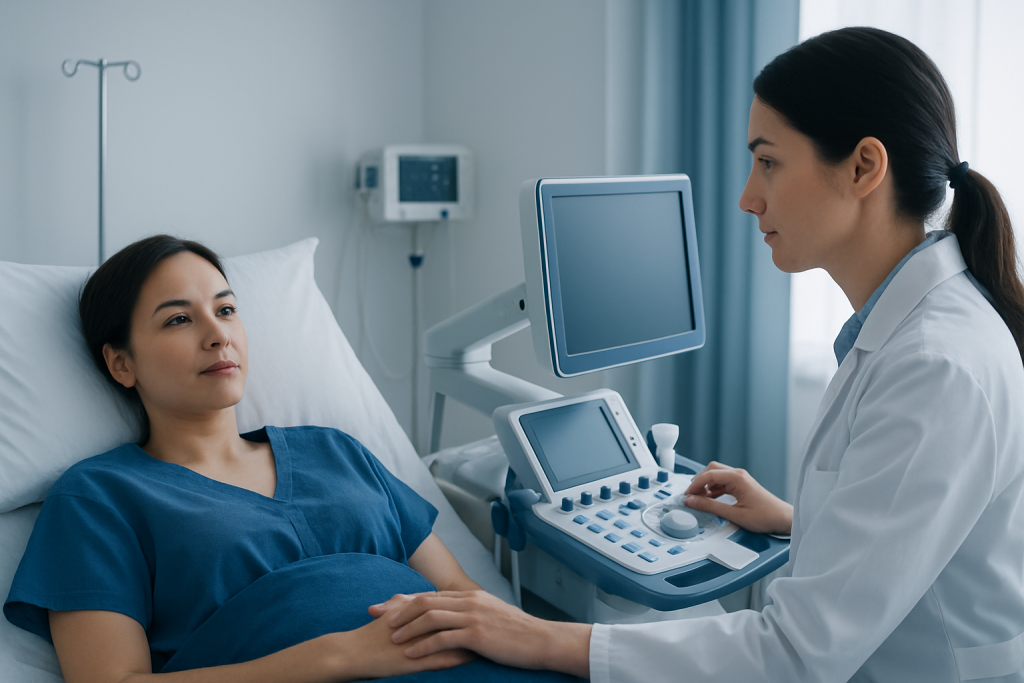 Doctor performing an ultrasound exam on a patient in a hospital room.