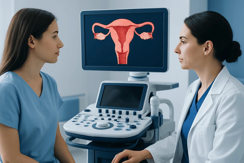 Medical consultation on endometrium health with ultrasound imaging.