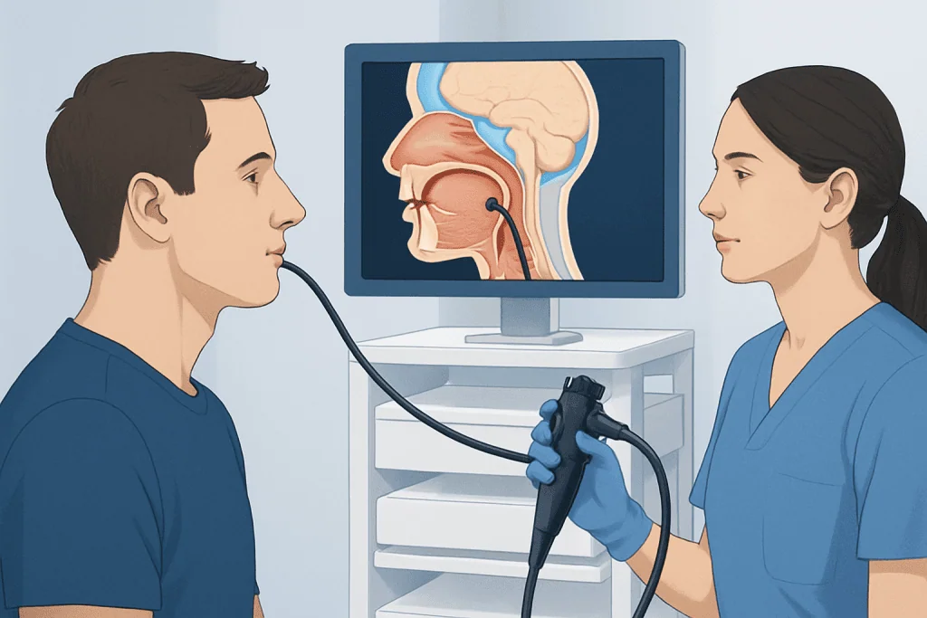 Medical examination of the epiglottis using a flexible endoscope.