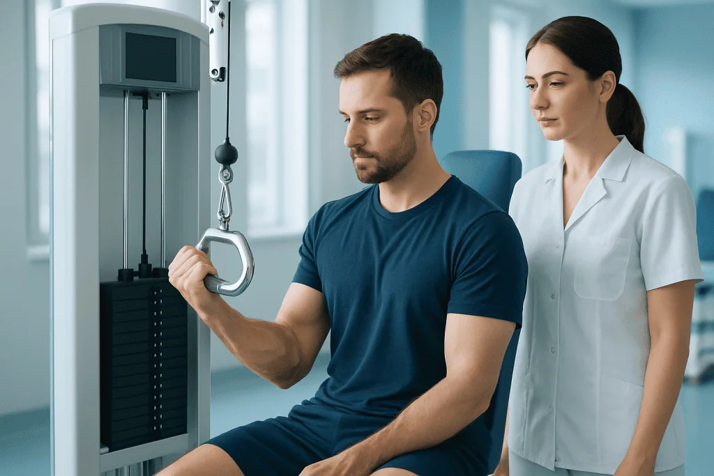 Patient using cable dumbbell for strength training at Acibadem Hospital.