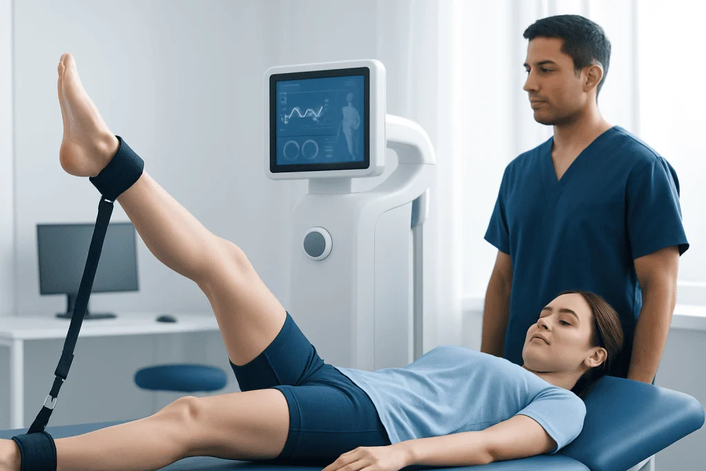 Patient performing straight leg raise exercise under medical supervision.
