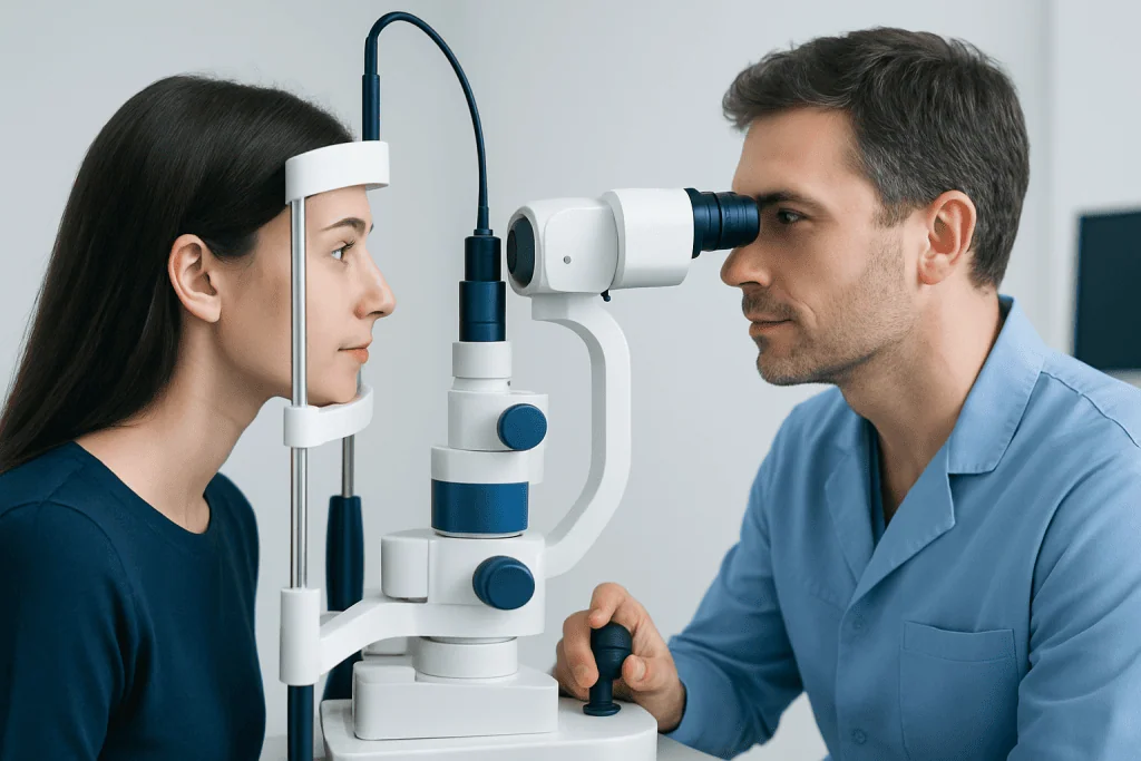 Ophthalmologist examining a patient's eye with a slit lamp microscope.