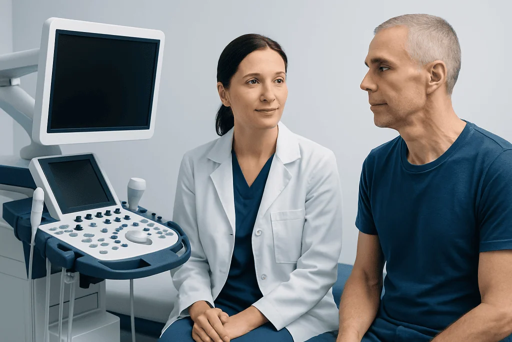 Doctor consulting patient in a medical examination room at Acibadem Hospitals.