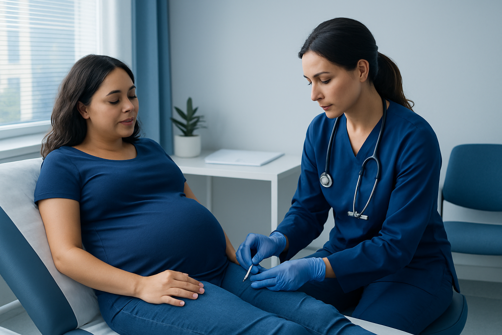 Pregnant woman at a hospital appointment with a healthcare professional.