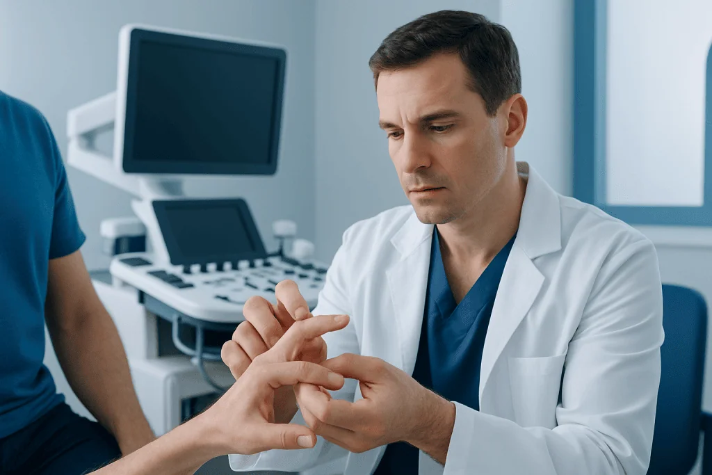 Doctor examining patient's finger for boutonniere deformity in clinic.