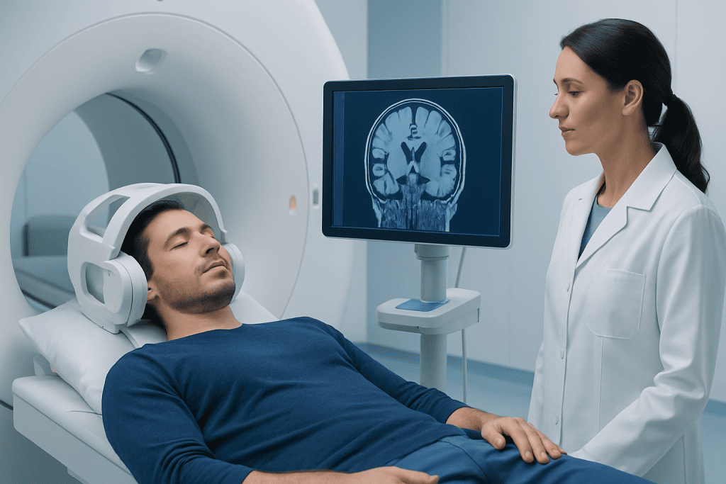 Patient undergoing MRI scan at Acibadem Hospital for brain imaging.