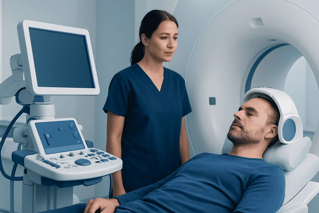 Medical professional monitoring patient during brain scan at Acibadem Hospital.