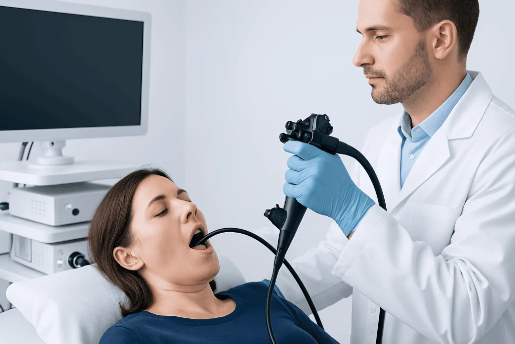 Doctor performing endoscopy on patient in a medical clinic.