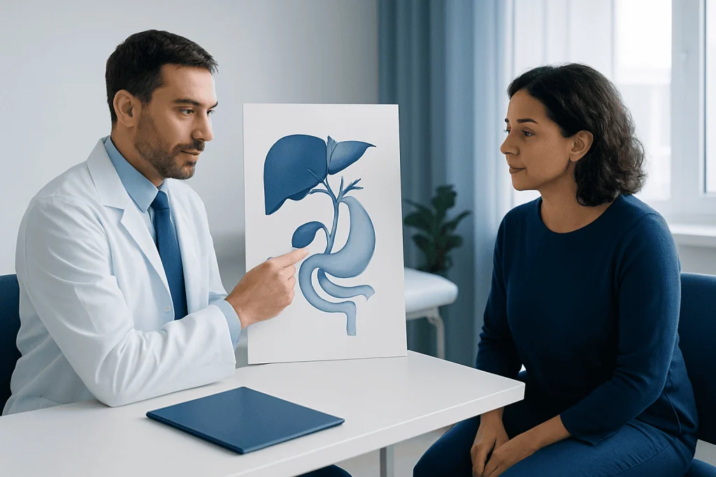 Doctor explaining gallbladder anatomy to patient with diagram.