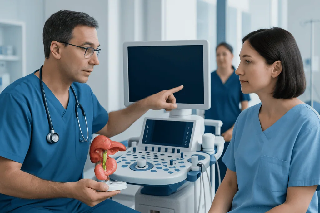 Doctor explaining gallbladder anatomy to a patient in a hospital setting.