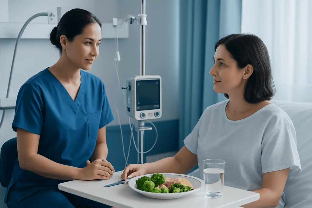 Hospital nurse consulting patient in a medical room with healthy food.