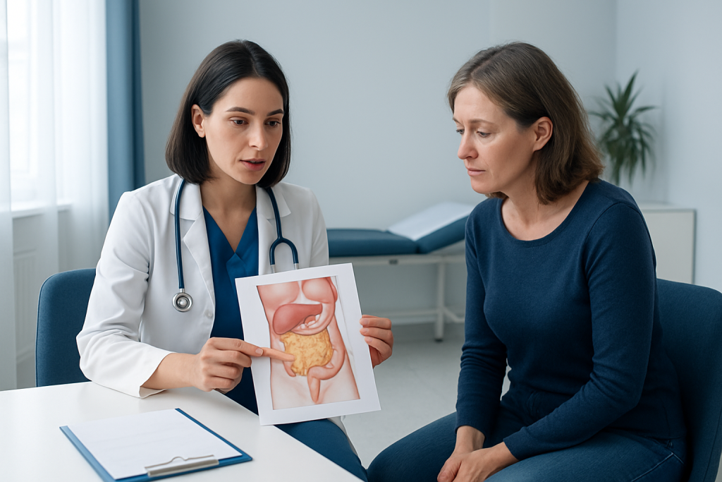 Doctor explaining the anatomy of the greater omentum to a patient.