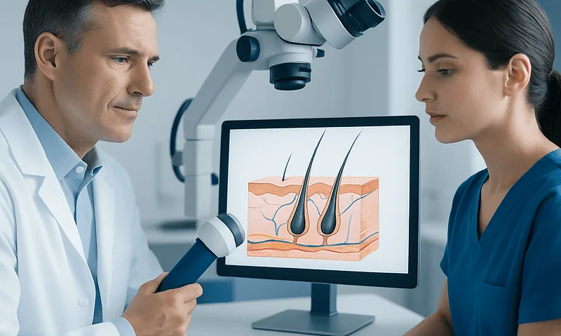 Dermatologist examining scalp with microscope and digital skin analysis.