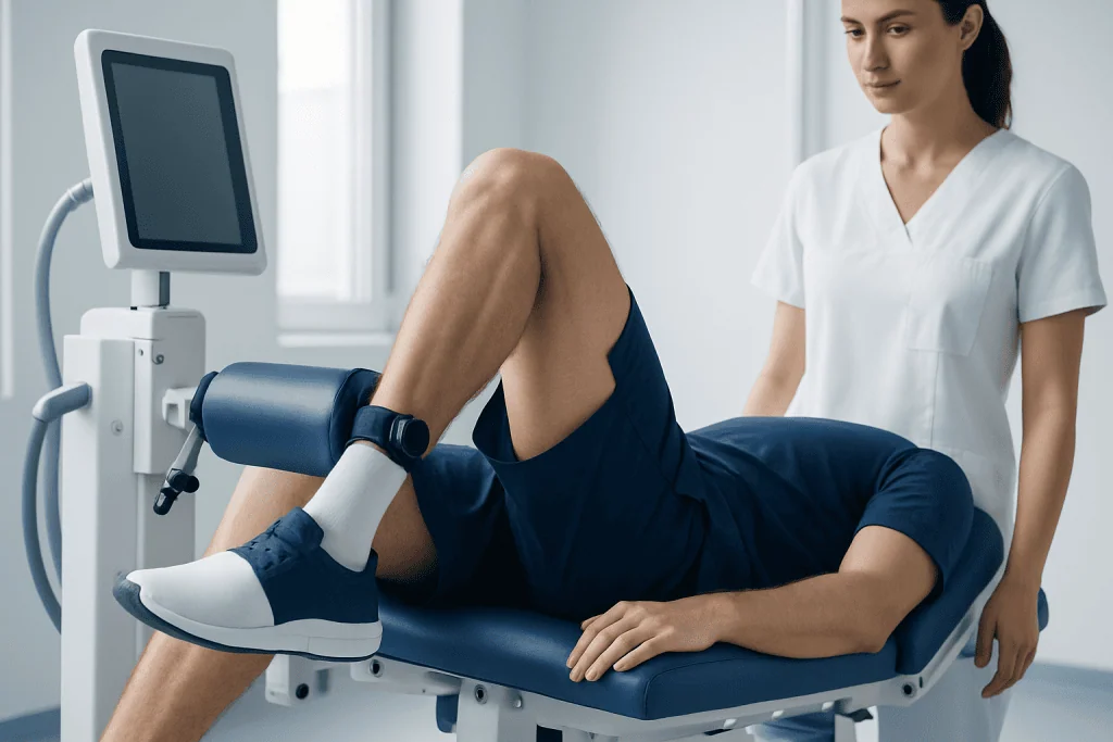 Patient performing hamstring curl exercise with medical supervision.