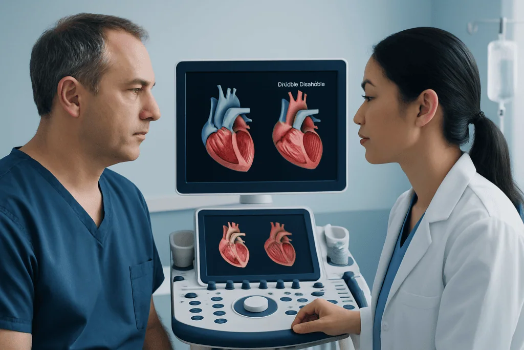 Cardiologists reviewing heart ultrasound images in a medical setting.