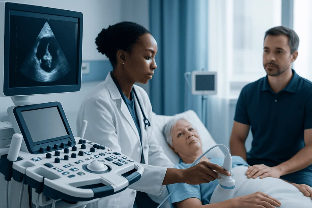 Medical professional performing an ultrasound on a patient in a hospital room.