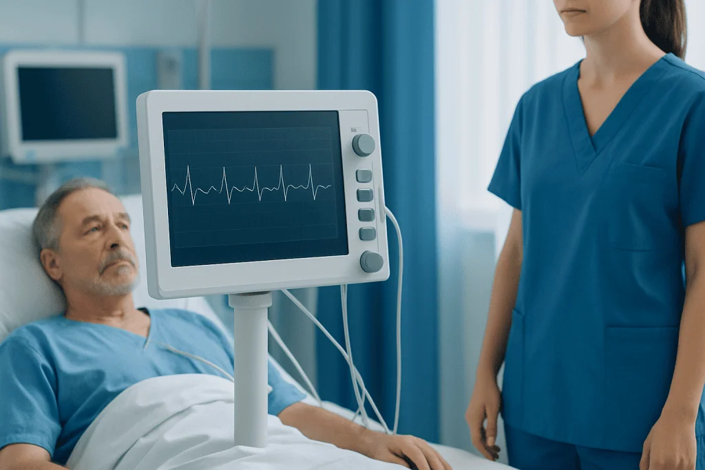 Patient undergoing cardiac monitoring in a hospital setting.