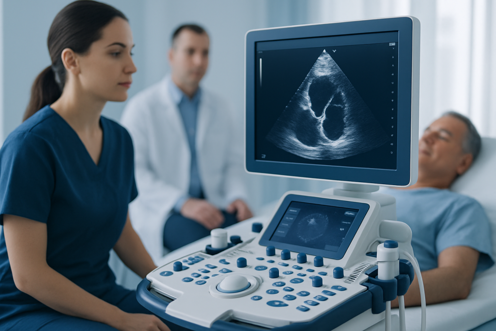 Medical team performing an echocardiogram on a patient in a hospital room.