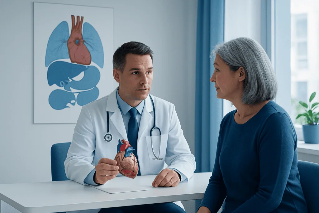 Doctor explaining heart anatomy to a patient in a medical consultation.