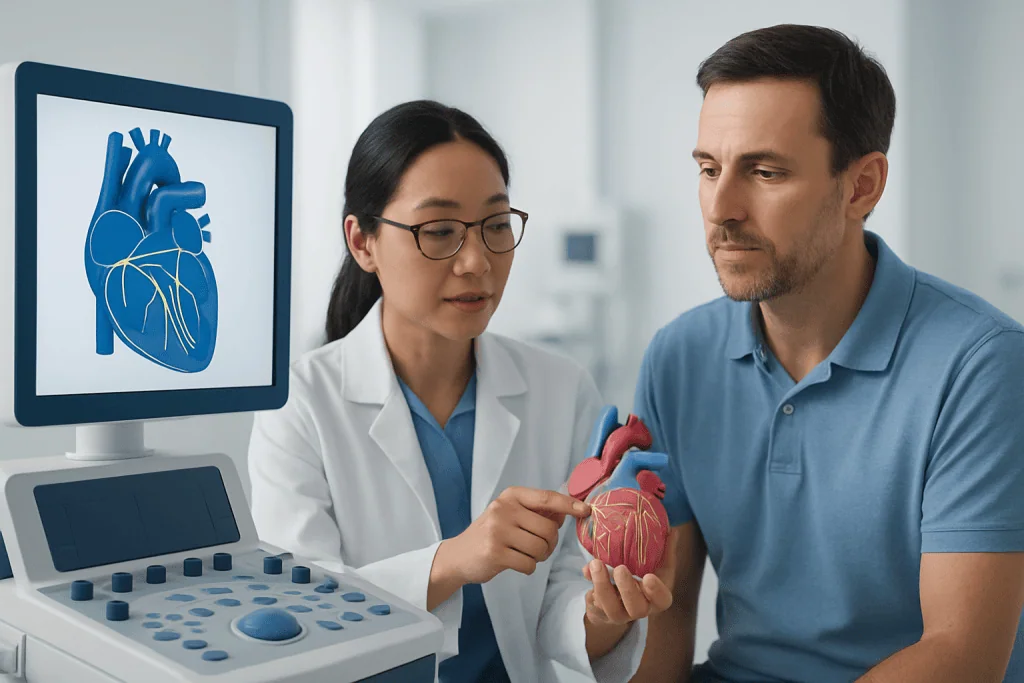 Doctor explaining heart anatomy to patient with heart model and monitor.