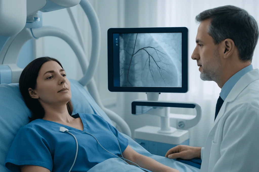 Patient undergoing cardiac examination with medical professional and imaging monitor.