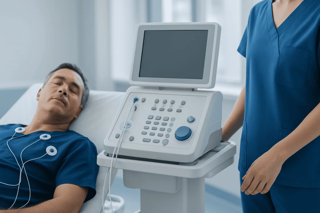Patient undergoing cardiac monitoring with an ultrasound device at Acibadem Hospital.