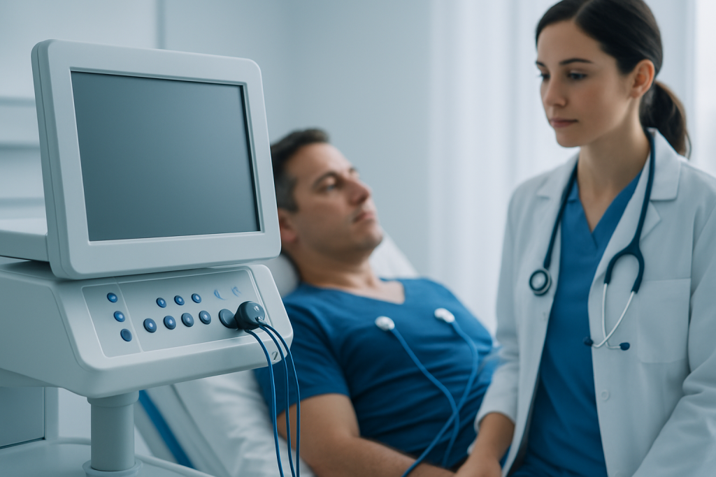 Doctor monitoring patient with ECG in hospital setting.