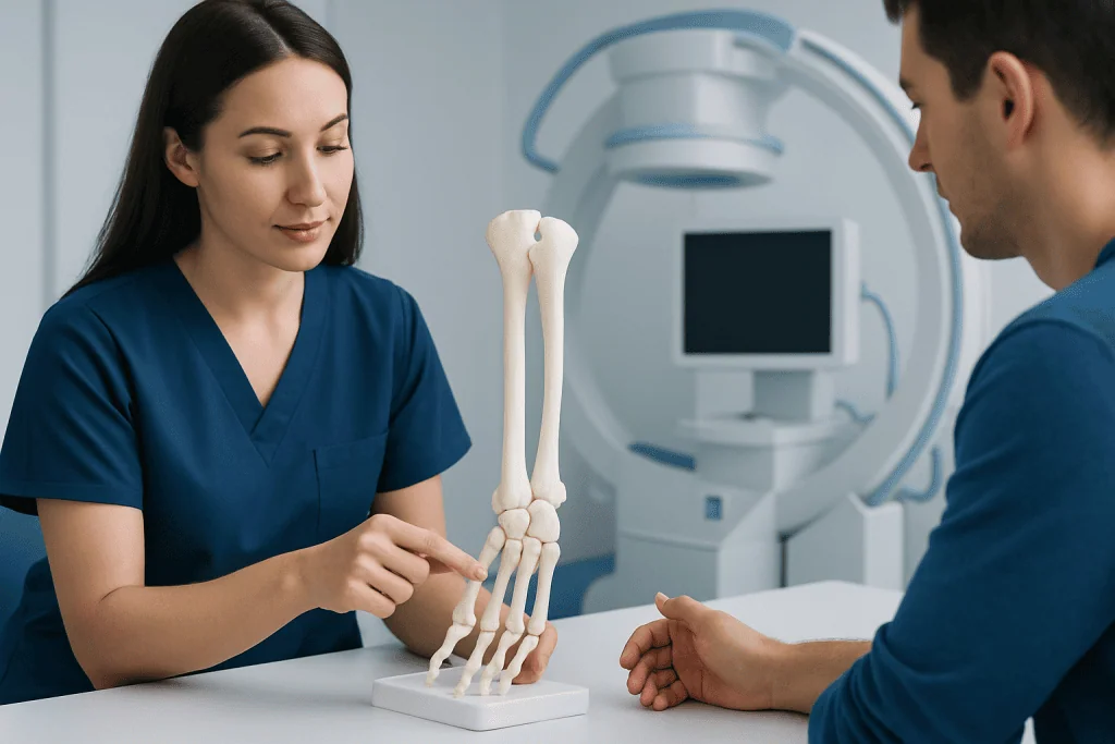 Medical professional explaining arm bones using a model in a clinical setting.