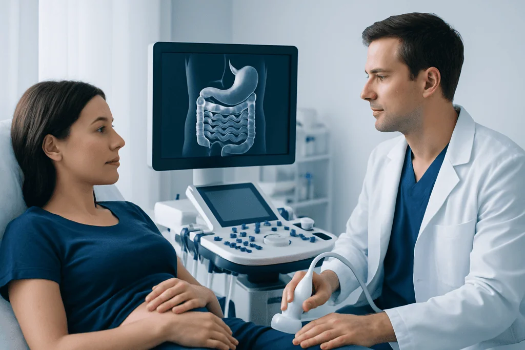 Doctor performing an ultrasound examination on a patient with an abdominal scan image.